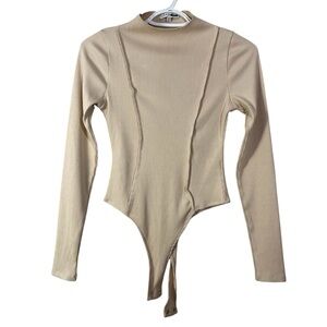 Fashion Nova Beige Long‎ Sleeve Bodysuit Size Medium Women’s